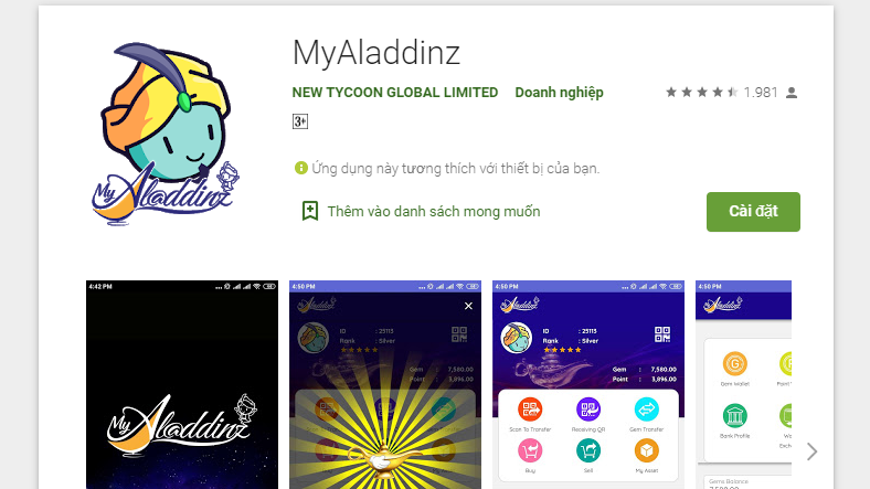 Màn hình cài đặt ứng dụng Myaladdinz.