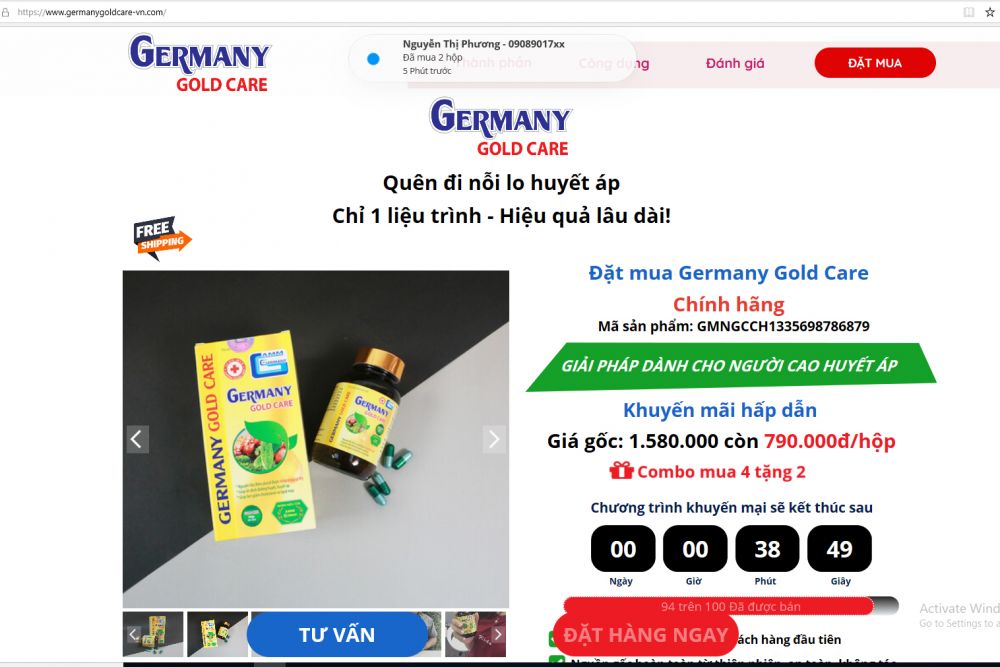 Thông tin quảng cáo thực phẩm bảo vệ sức khỏe Germany Gold Care trên website https://www.germanygoldcare-vn.com