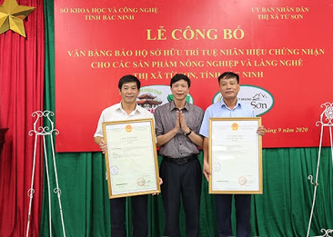 Lễ công bố Văn bằng bảo hộ sở hữu trí tuệ Nhãn hiệu chứng nhận cho sản phẩm bánh phu thê Đình Bảng và gạo nếp nhung Tam Sơn.