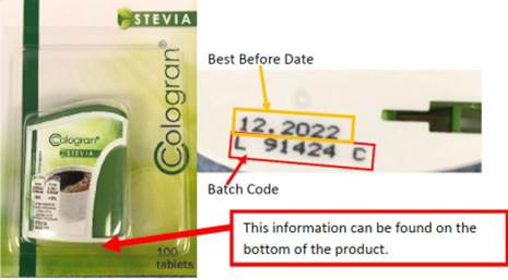Thu hồi chất tạo ngọt Cologran Stevia vì có chứa phụ gia thực phẩm không được công bố trên nhãn.