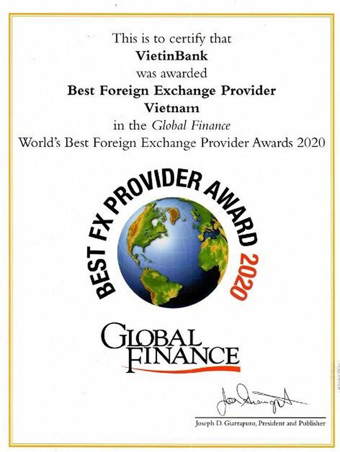 Giấy chứng nhận giải thưởng của VietinBank.