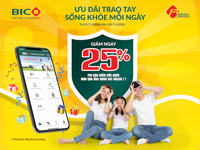 Tải app BIC Online, nhận ưu đ&atilde;i 25% bảo hiểm sức khỏe.