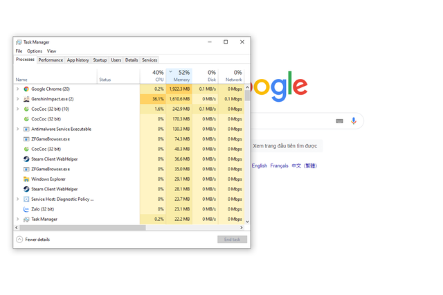 Đây là ví dụ, Google Chrome đang ngốn gần 2GB RAM.