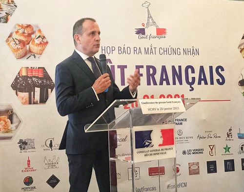 Tổng lãnh sự Pháp tại TP.HCM Vincent Floreani phát biểu tại họp báo ra mắt chứng nhận “Goût Français”.