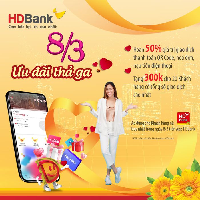 HDBank ưu đãi hàng loạt dịch vụ, quà tặng đến khách hàng dịp 8/3.