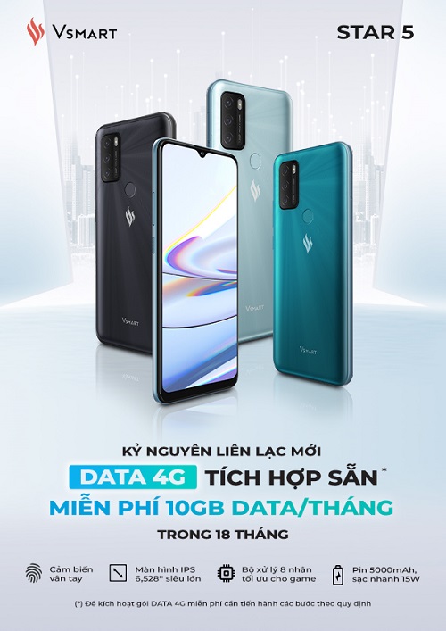 Với việc tích hợp DATA 4G miễn phí, Vsmart Star 5 trở thành điện thoại kèm DATA 4G miễn phí tiên phong tại Việt Nam