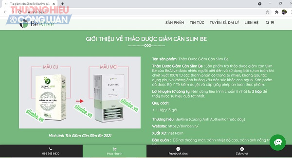 Lời giới thiệu về sản phẩm Trà giảm cân Slim be trên trang website: https://slimbe.vn/.