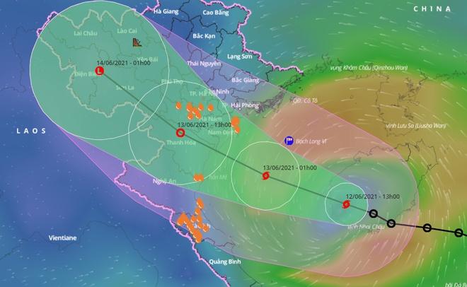 Dự báo đường đi và vùng ảnh hưởng của bão số 2 chuẩn bị đổ bộ vào đất liền các tỉnh đồng bằng Bắc Bộ. Ảnh: VNDMS.