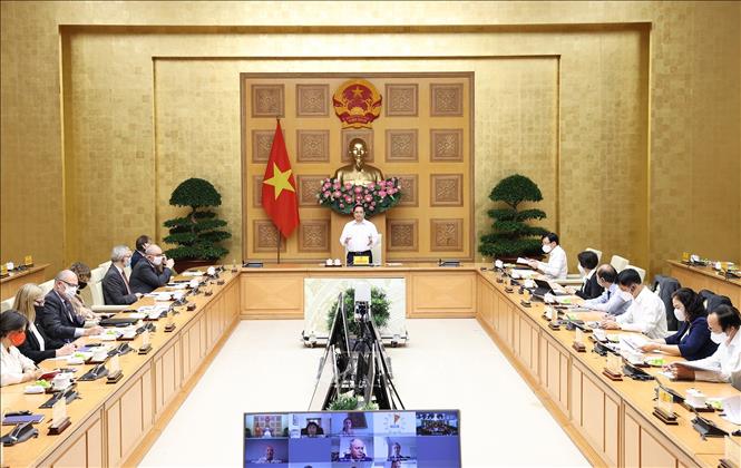 Thủ tướng Phạm Minh Chính phát biểu tại buổi làm việc với các doanh nghiệp châu Âu tại Việt Nam - Ảnh: Dương Giang/TTXVN