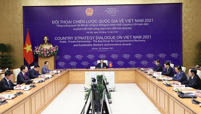 Thủ tướng Phạm Minh Chính đồng chủ trì Đối thoại Chiến lược quốc gia Việt Nam – WEF. Ảnh: BNG