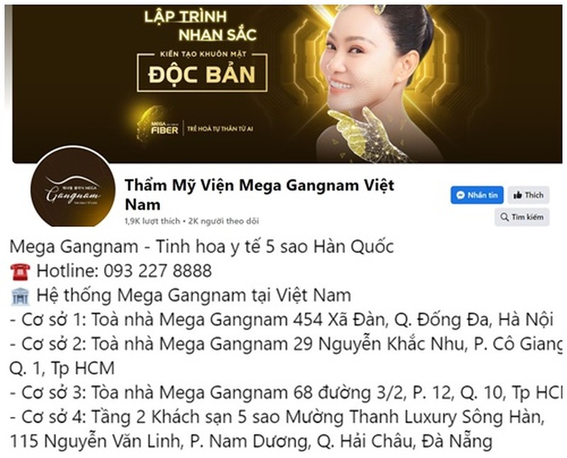 Ảnh chụp trên fanpage của Thẩm Mỹ Viện Mega Gangnam Việt Nam.