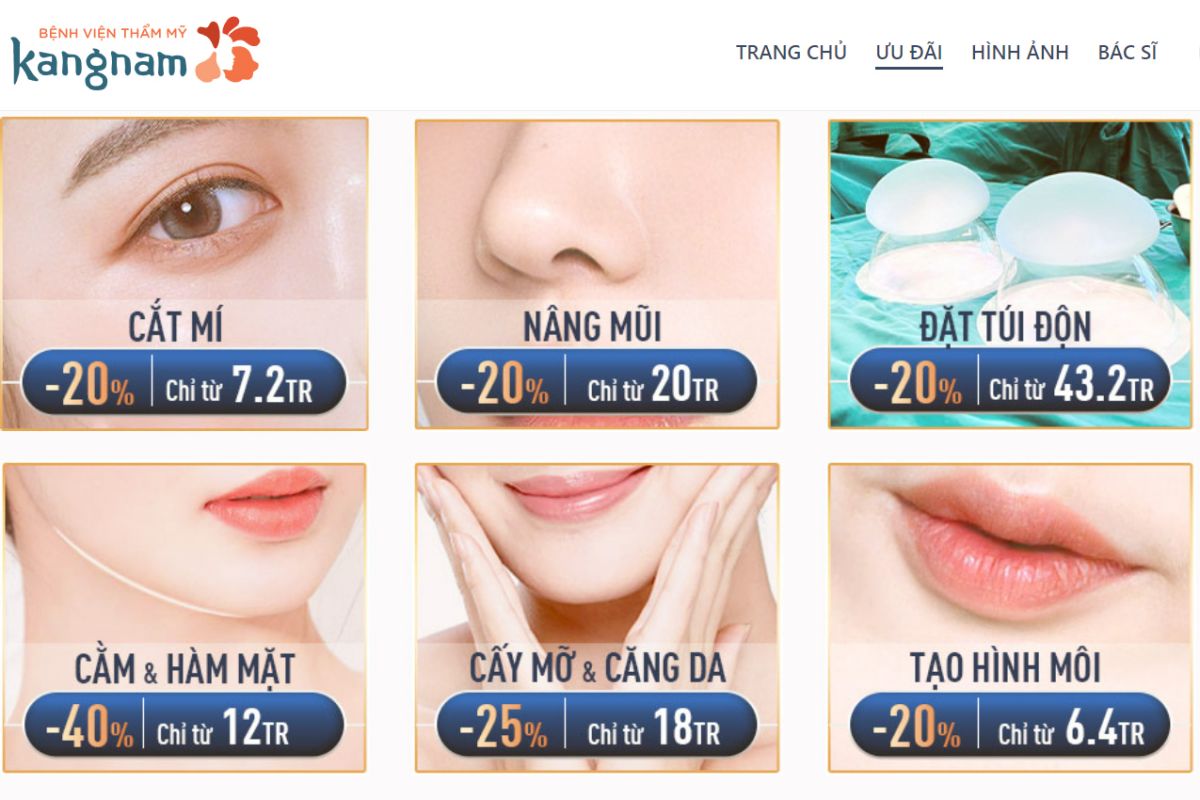 Những thông tin quảng cáo trên webite của Bệnh viện Thẩm mỹ Kangnam.