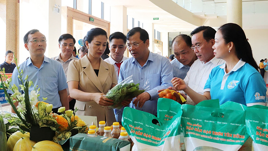Đồng chí Lê Thị Thu Hồng tham quan gian hàng sản phẩm đặc trưng của huyện Yên Dũng.