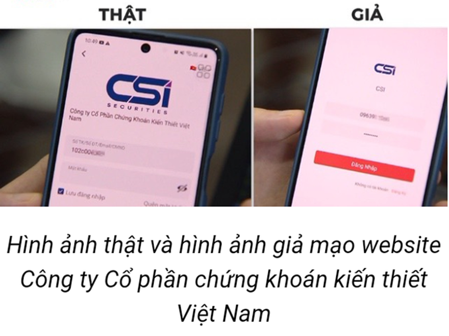 Hình ảnh thật và hình ảnh giả mạo website Công ty Cổ phần chứng khoán kiến thiết Việt Nam.