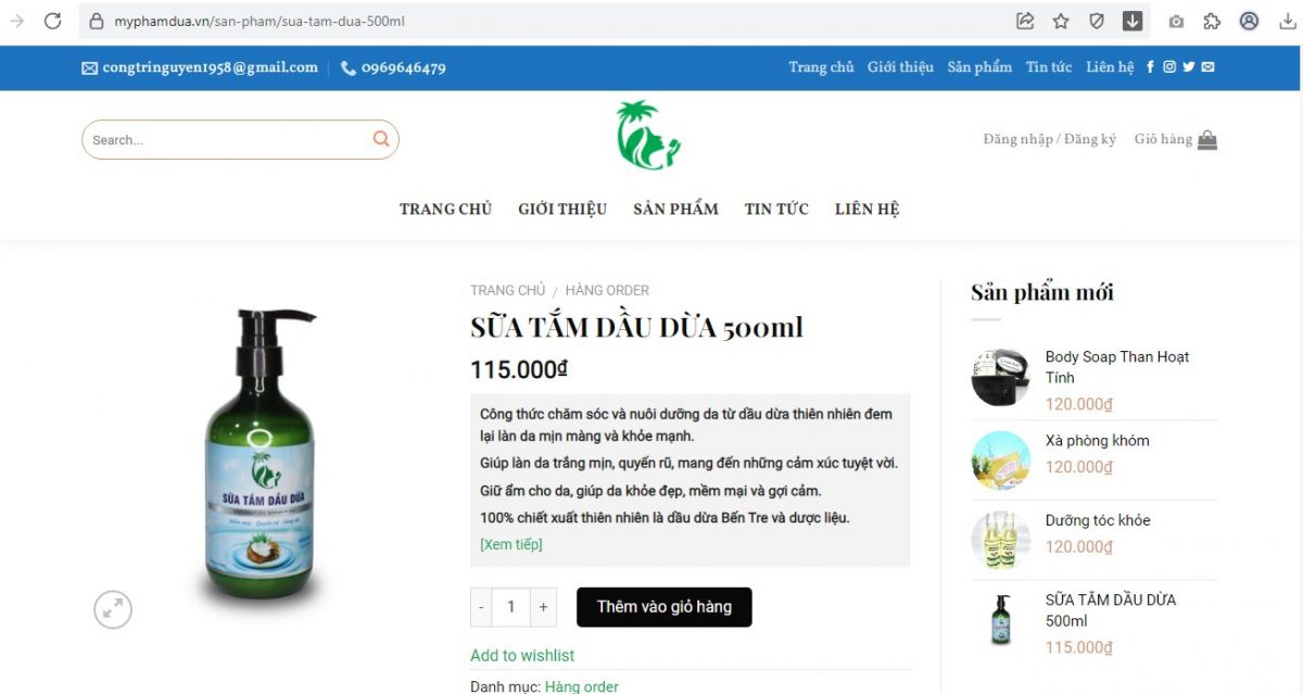 Sản phẩm Sữa tắm dầu dừa 500ml được bán trên website của công ty.