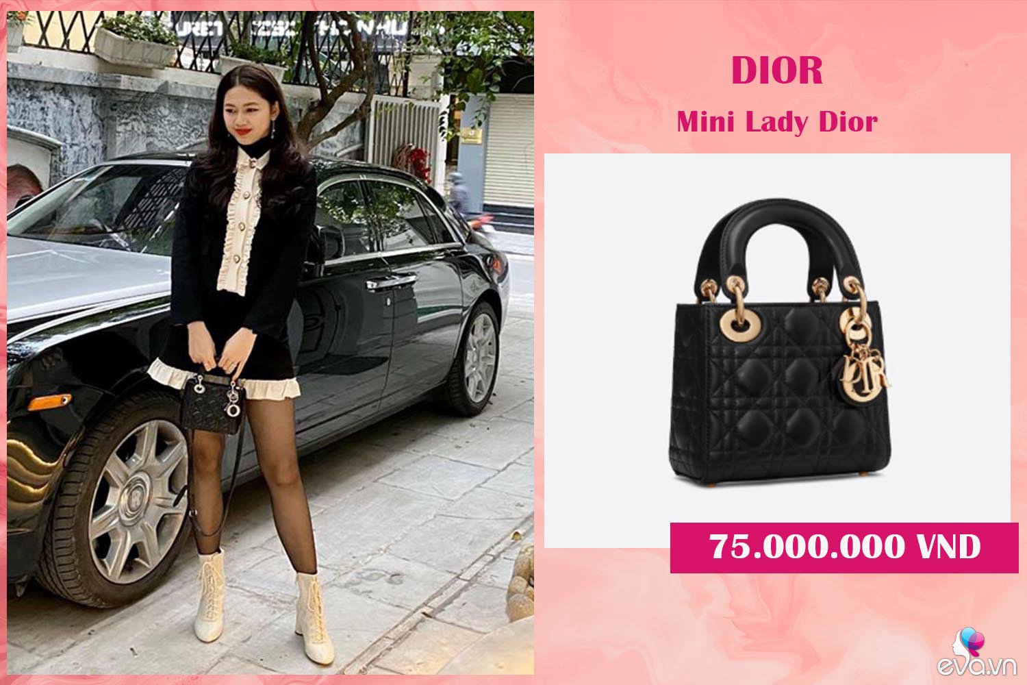 Mẫu túi Lady Dior kinh điển của nhà mốt Pháp cũng được nữ siêu mẫu tậu về với mức giá 75 triệu đồng. Bộ váy trắng đen thanh lịch nhờ vào món phụ kiện đắt giá này như được tăng thêm phần sang chảnh và cuốn hút ngút ngàn.