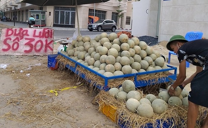 Dưa lưới được chất đống b&aacute;n ở vỉa h&egrave; đường Phan Văn Trị. Ảnh: Hồng Ch&acirc;u.