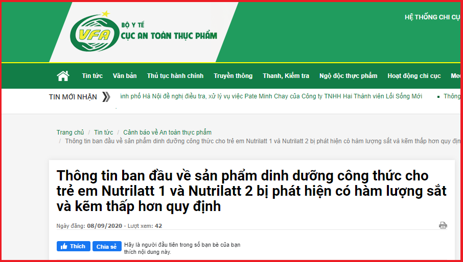 Thông tin ban đầu về sản phẩm sữa công thức cho trẻ em Nutrilatt 1 và Nutrilatt 2 bị phát hiện có hàm lượng sắt và kẽm thấp hơn quy định