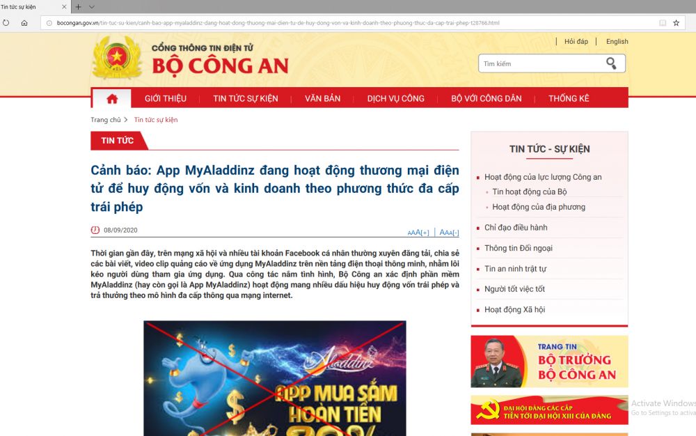 Bộ Công an cảnh báo app MyAladdinz kinh doanh theo phương thức đa cấp trái phép