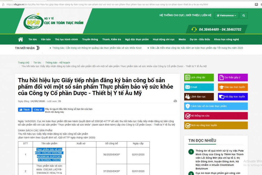 Thu hồi hiệu lực Giấy tiếp nhận đăng ký bản công bố sản phẩm của 7 Thực phẩm bảo vệ sức khỏe