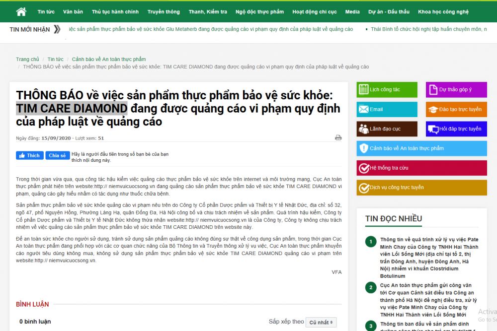 Thực phẩm bảo vệ sức khỏe Tim Care Diamond, Đại Tràng MH, Thăng Trĩ Mộc Hoa đang được quảng cáo vi phạm quy định của pháp luật về quảng cáo