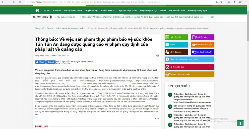 Thực phẩm bảo vệ sức khỏe Tận Tân An đang được quảng cáo vi phạm quy định của pháp luật về quảng cáo