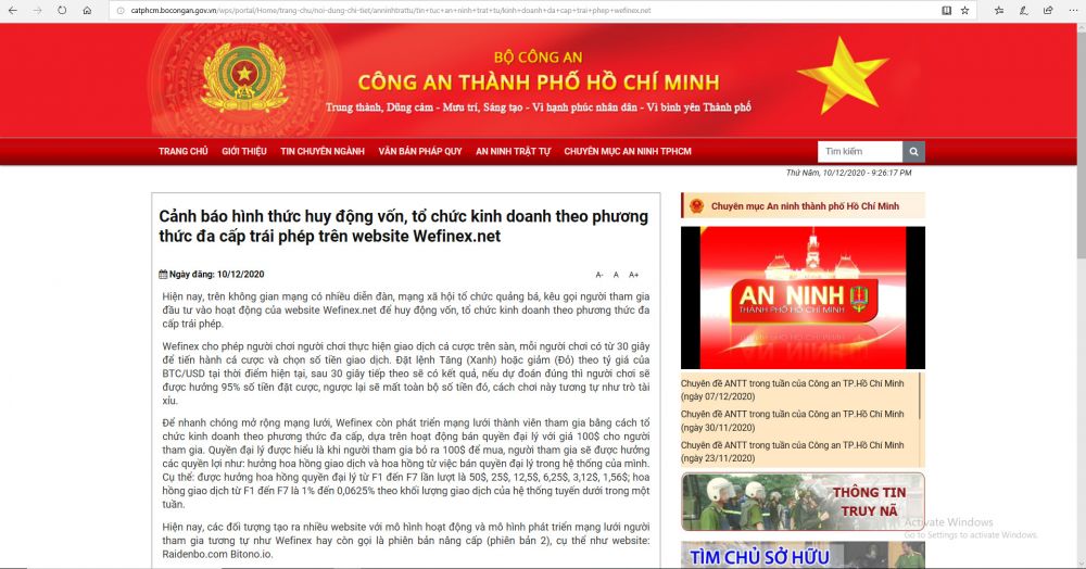 Công an TP.HCM phát cảnh báo đa cấp trái phép trên website Wefinex