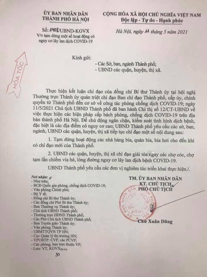 Hà Nội ra văn bản hỏa tốc tạm dừng các quán bia, giải tỏa ngay chợ cóc, chợ tạm