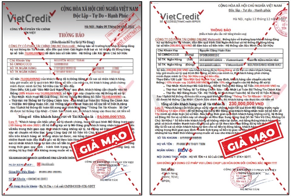 Để tạo niềm tin cho khách hàng, kẻ gian còn giả mạo các văn bản có con dấu, chữ ký của người có thẩm quyền tại VietCredit.