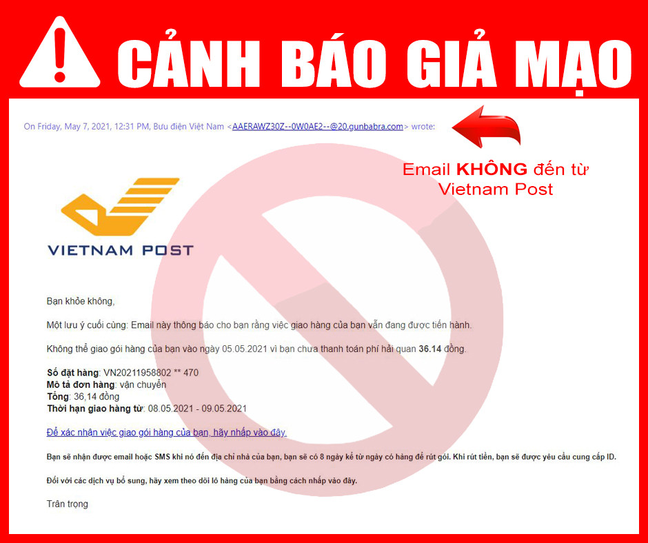 Một hình thức giả mạo email có logo của Bưu điện Việt Nam để lừa đảo khách hàng.