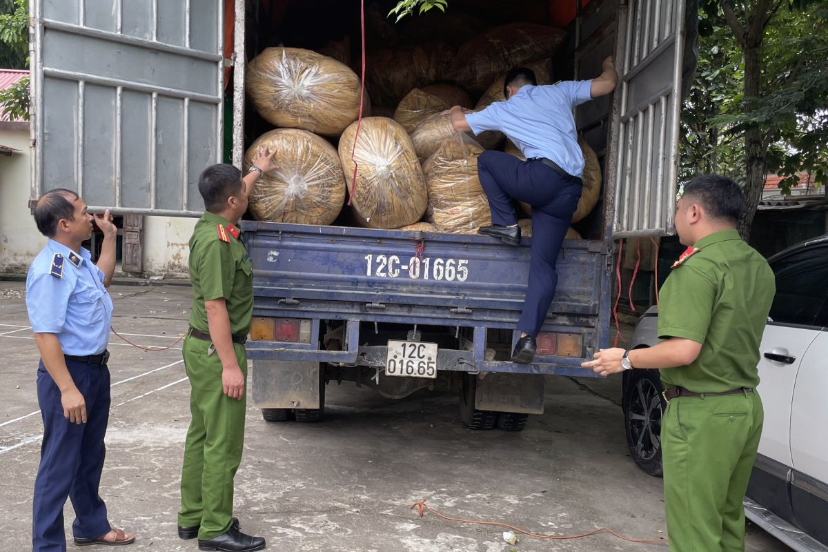 Lực lượng chức năng kiểm tra xe ô tô chở hàng hóa vi phạm.