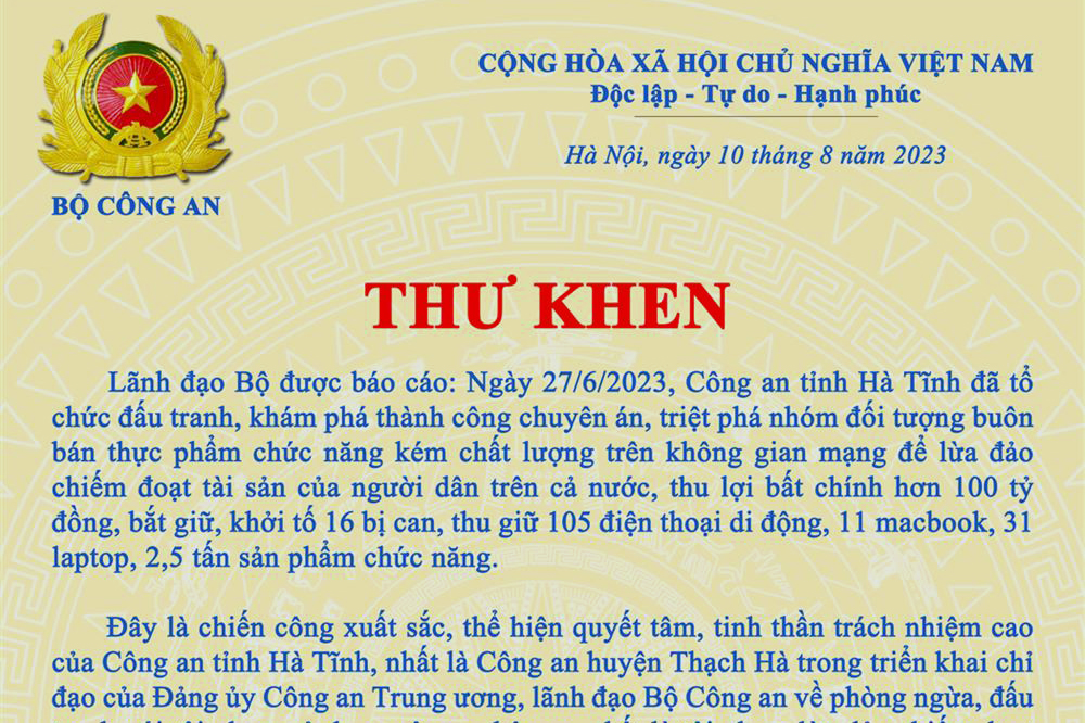 Bộ Công an gửi thư khen thành tích phá chuyên án lừa đảo 100 tỷ đồng