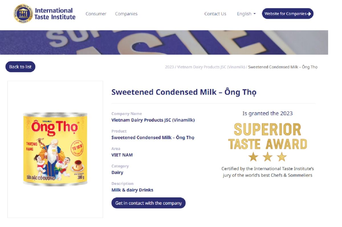 Ông Thọ là một trong 2 sản phẩm sữa đầu tiên của Việt Nam nhận xếp hạng 3 sao – mức cao nhất của giải thưởng danh giá Superior Taste Award