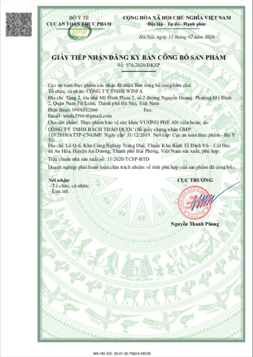 Giấy đăng ký công bố sản phẩm Vương Phế An của Công ty TNHH WINFA