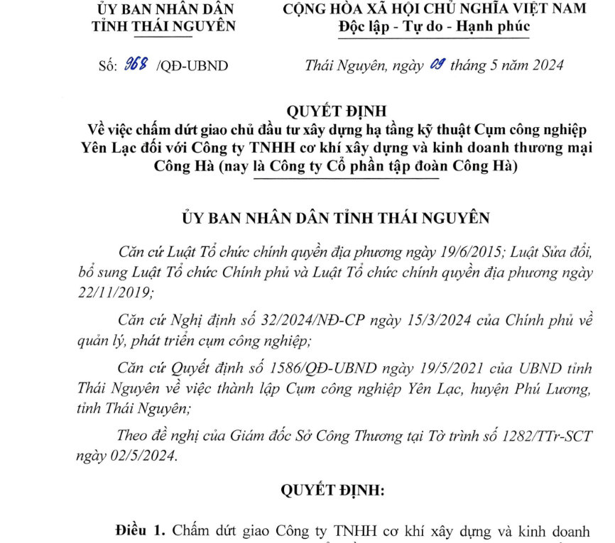 Chấm dứt đầu tư xây dựng dự án của Công ty CP Tập đoàn Công Hà tại Thái Nguyên