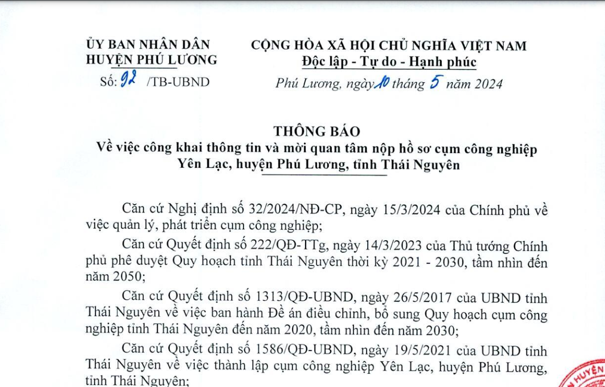 UBND huyện Phú Lương ra thông báo tìm nhà đầu mới cho dự an cụm công nghiệp Yên Lạc