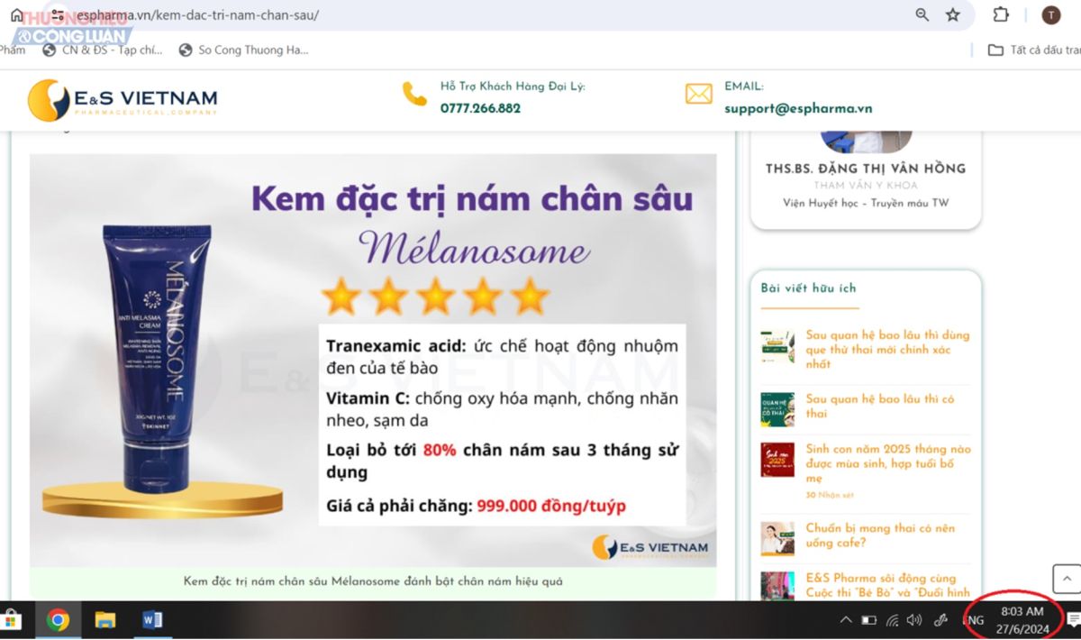 Sau xử phạt, nhiều website vẫn quảng cáo mỹ phẩm của Công ty E&S Việt Nam có tác dụng trị nám, trị mụn