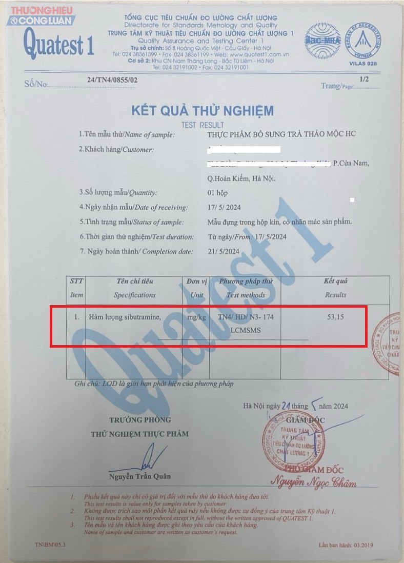 Kết quả kiểm nghiệm cho thấy sản phẩm Thực phẩm bổ sung Trà thảo mộc HC có hàm lượng Sibutramine được ghi nhận là 53,15 mg/kg