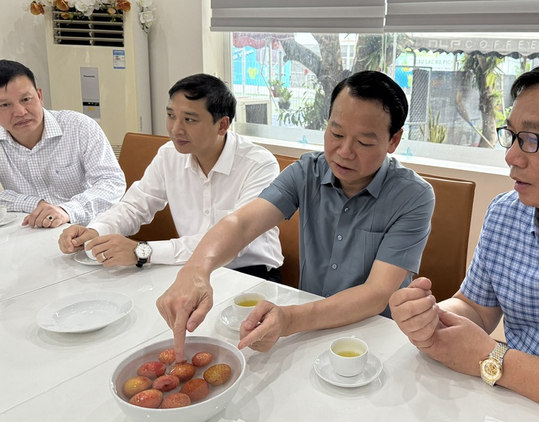 Bộ trưởng Đỗ Đức Duy và Chủ tịch UBND Tỉnh Bắc Giang Nguyễn Việt Oanh (ngồi giữa) trực tiếp thưởng thức các sản phẩm vải thiều được cấp lạnh sâu từ vụ trước, sau khi rã đông vẫn cho màu sắc và hương vị tương đương vải tươi - Ảnh: VGP/Đỗ Hương