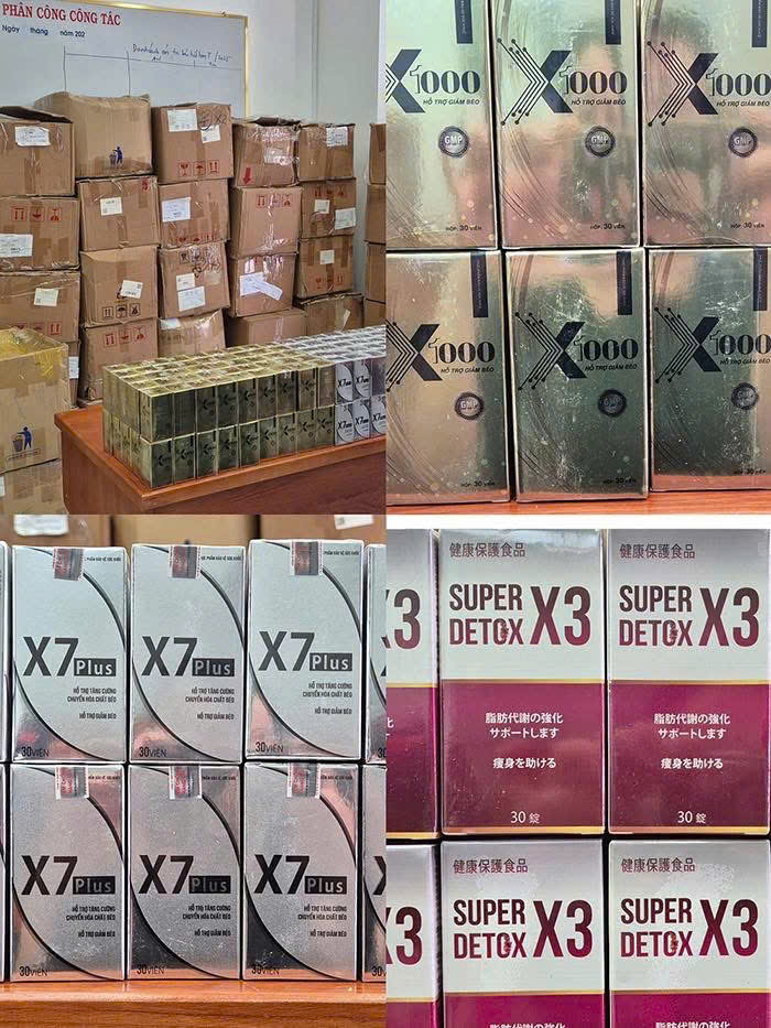 Các sản phẩm Super Detox X3, X7 Plus và X1000 do Ngân 98 kinh doanh bị phát hiện chứa hoạt chất sibutramine và phenolphthalein – những chất bị cấm sử dụng trong thực phẩm. (Ảnh: Công an TP.HCM)