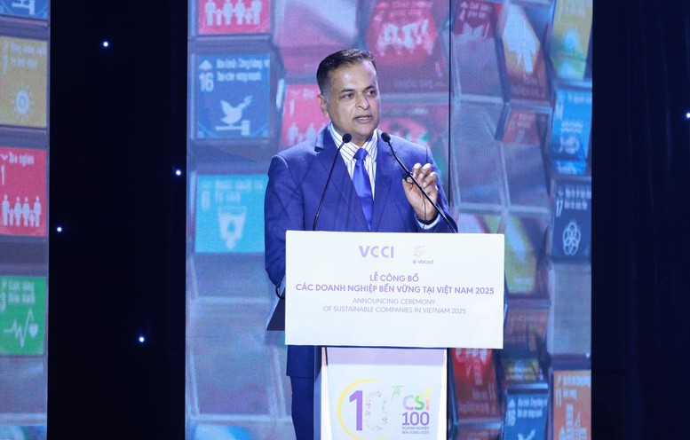 Ông Binu Jacob, Tổng Giám đốc Nestlé Việt Nam, đồng Chủ tịch Hội đồng Doanh nghiệp vì Sự phát triển bền vững (VBCSD), phát biểu tại sự kiện - Ảnh: VGP/MT