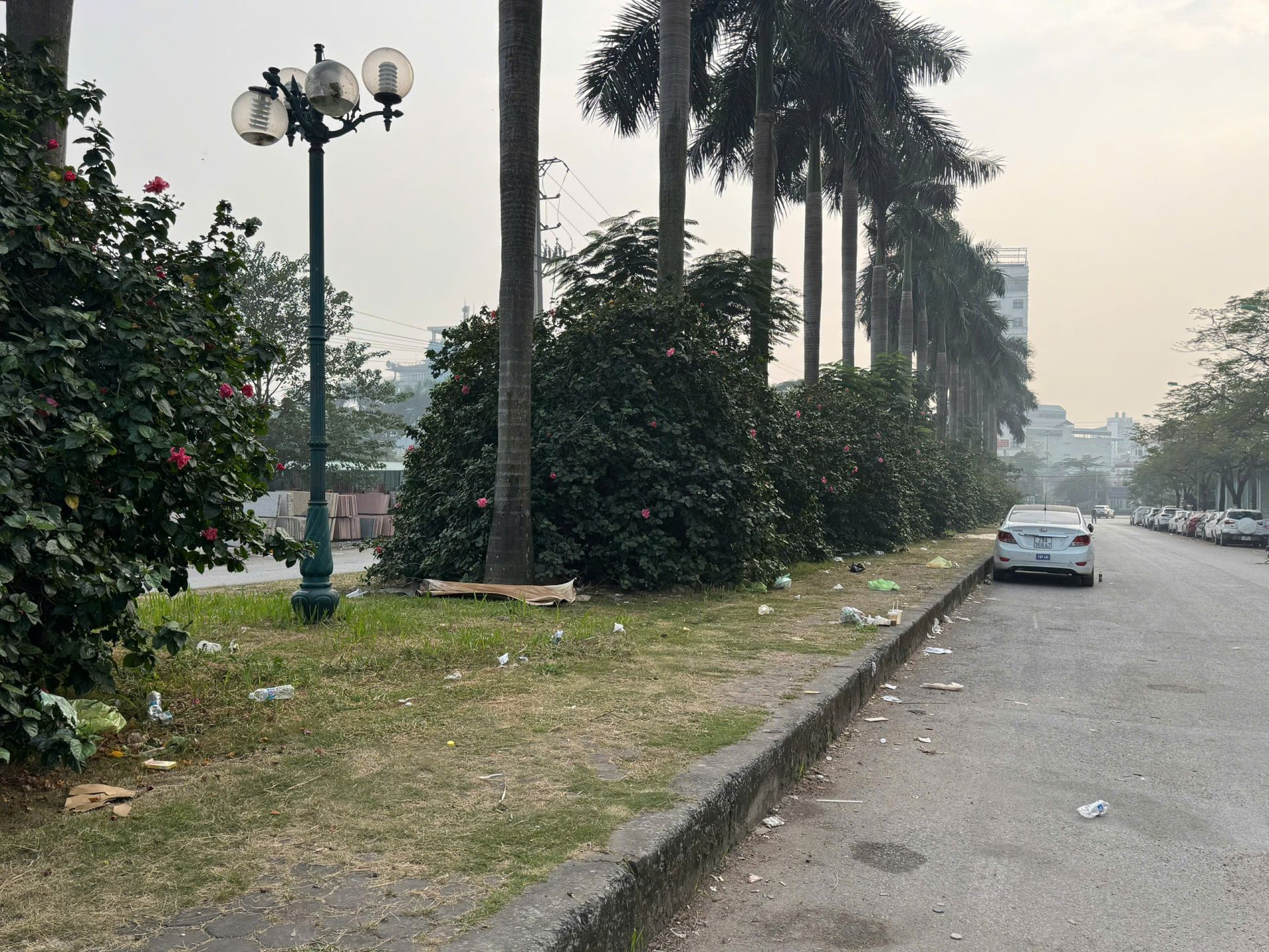 Rác lẫn trong khu vực cây xanh và bụi hoa, làm mất cảnh quan đô thị. (Ảnh: Phương Di)