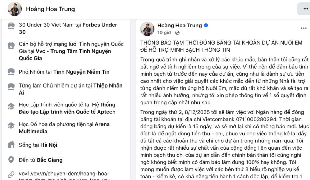Ông Hoàng Hoa Trung thông báo đóng băng tài khoản để hỗ trợ minh bạch thông tin. (Ảnh: Tổng hợp)