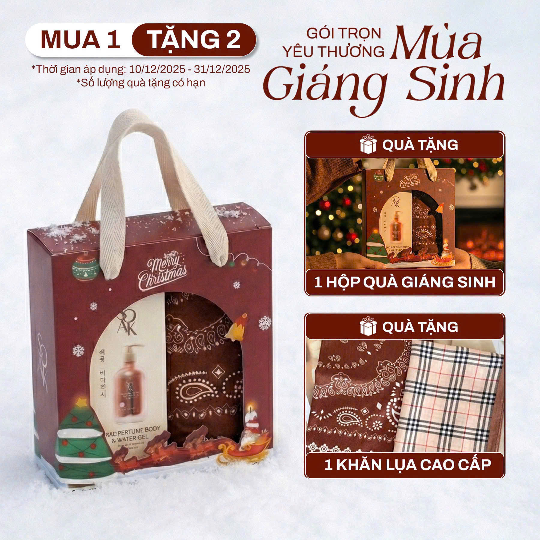 Hộp quà Giáng sinh Mixrs Glaric kết hợp dầu gội, sữa tắm cùng khăn lụa và thiệp viết tay, tạo thành set quà hoàn chỉnh. (Ảnh: Mixrs Glaric)