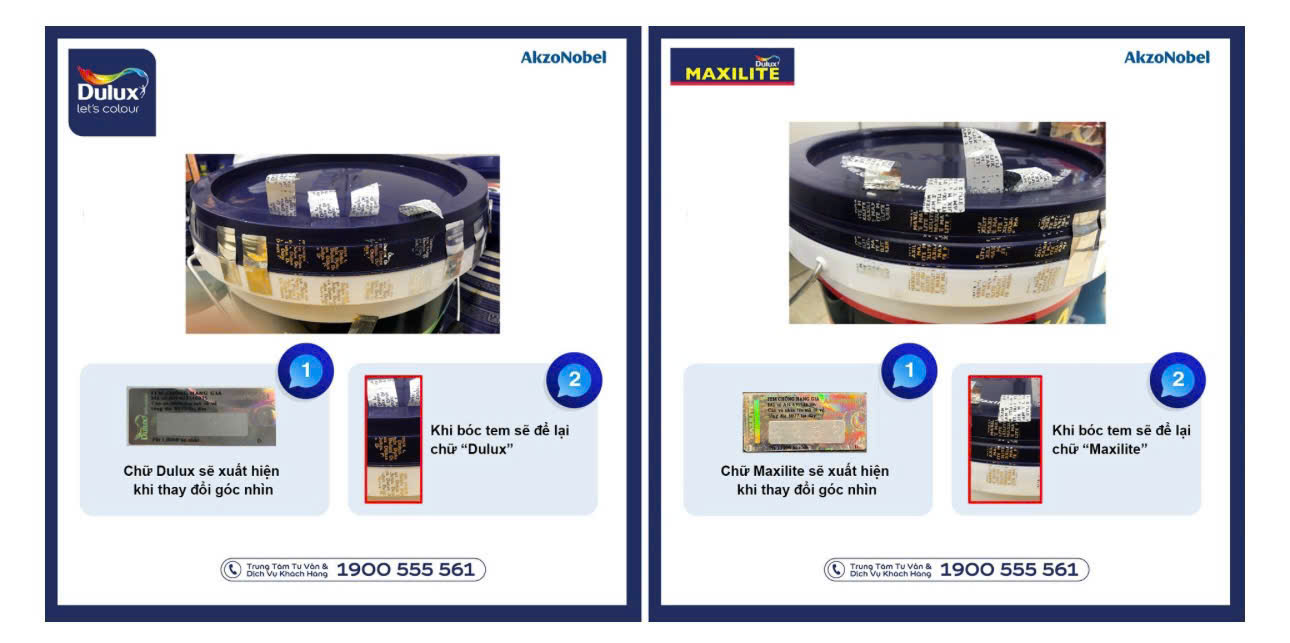 Tem chống giả tr&ecirc;n sản phẩm Dulux v&agrave; Maxilite.