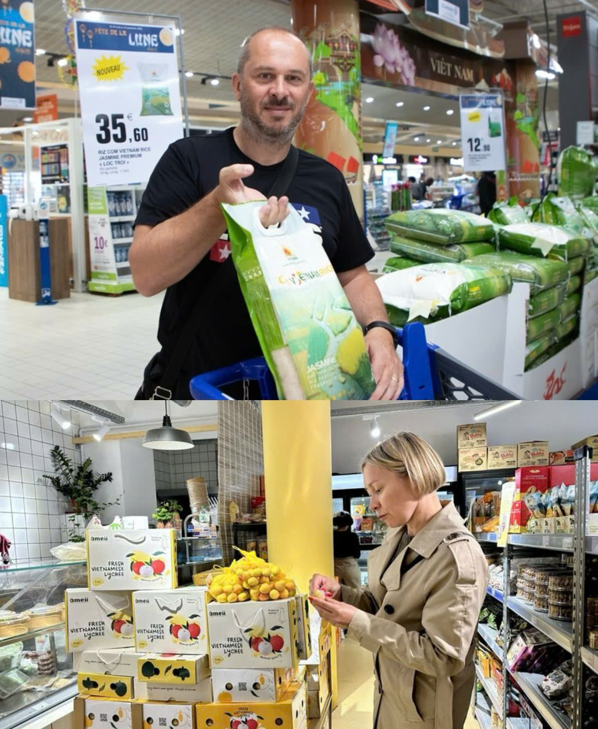 Gạo Vi&ecirc;̣t Nam, quả vải Vi&ecirc;̣t Nam được bán trong các h&ecirc;̣ th&ocirc;́ng si&ecirc;u thị của Pháp, được người ti&ecirc;u dùng Pháp ưa chu&ocirc;̣ng. (Ảnh: Anh Sơn)