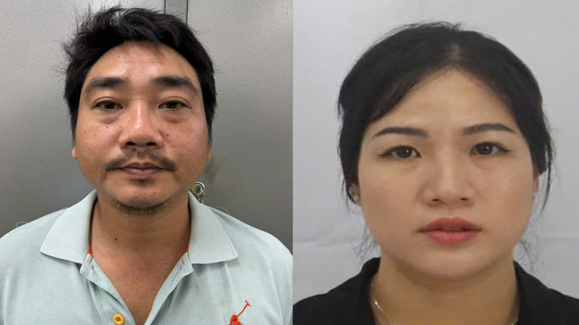 Hai đối tượng c&oacute; vai tr&ograve; chủ chốt trong đường d&acirc;y thịt giả gồm Nguyễn Phi Long v&agrave; Trần Thị Vạn Phước. (Ảnh: CA)