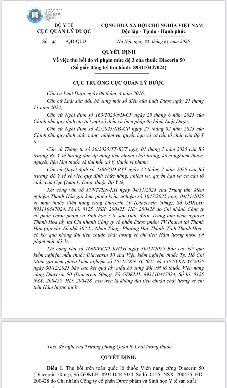 Cục Quản l&yacute; dược th&ocirc;ng b&aacute;o thu hồi tr&ecirc;n to&agrave;n quốc l&ocirc; thuốc vi&ecirc;n nang cứng Diacerin 50 (Diacerein 50mg), số GĐKLH 893110447024