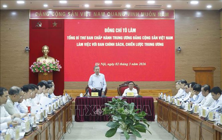 L&agrave;m việc với Ban Ch&iacute;nh s&aacute;ch, chiến lược Trung ương về x&acirc;y dựng Nghị quyết của Trung ương đối với giải ph&aacute;p chiến lược th&uacute;c đẩy tăng trưởng kinh tế từ 10% trở l&ecirc;n gắn với x&aacute;c lập m&ocirc; h&igrave;nh tăng trưởng mới, Tổng B&iacute; thư T&ocirc; L&acirc;m nhấn mạnh y&ecirc;u cầu phải đặt vấn đề ở tầm lịch sử v&agrave; tư duy ph&aacute;t triển.