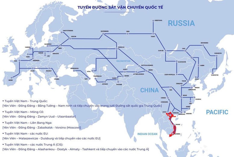 C&aacute;c tuyến vận chuyển h&agrave;ng h&oacute;a li&ecirc;n vận quốc tế bằng đường sắt từ Việt Nam đi c&aacute;c nước v&agrave; ngược lại. Ảnh: Ratraco